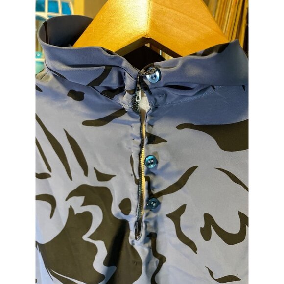 Vintage 90s Mark Stuart Blue Black High Neck Long Sleeve Blouse - Picture 6 of 14